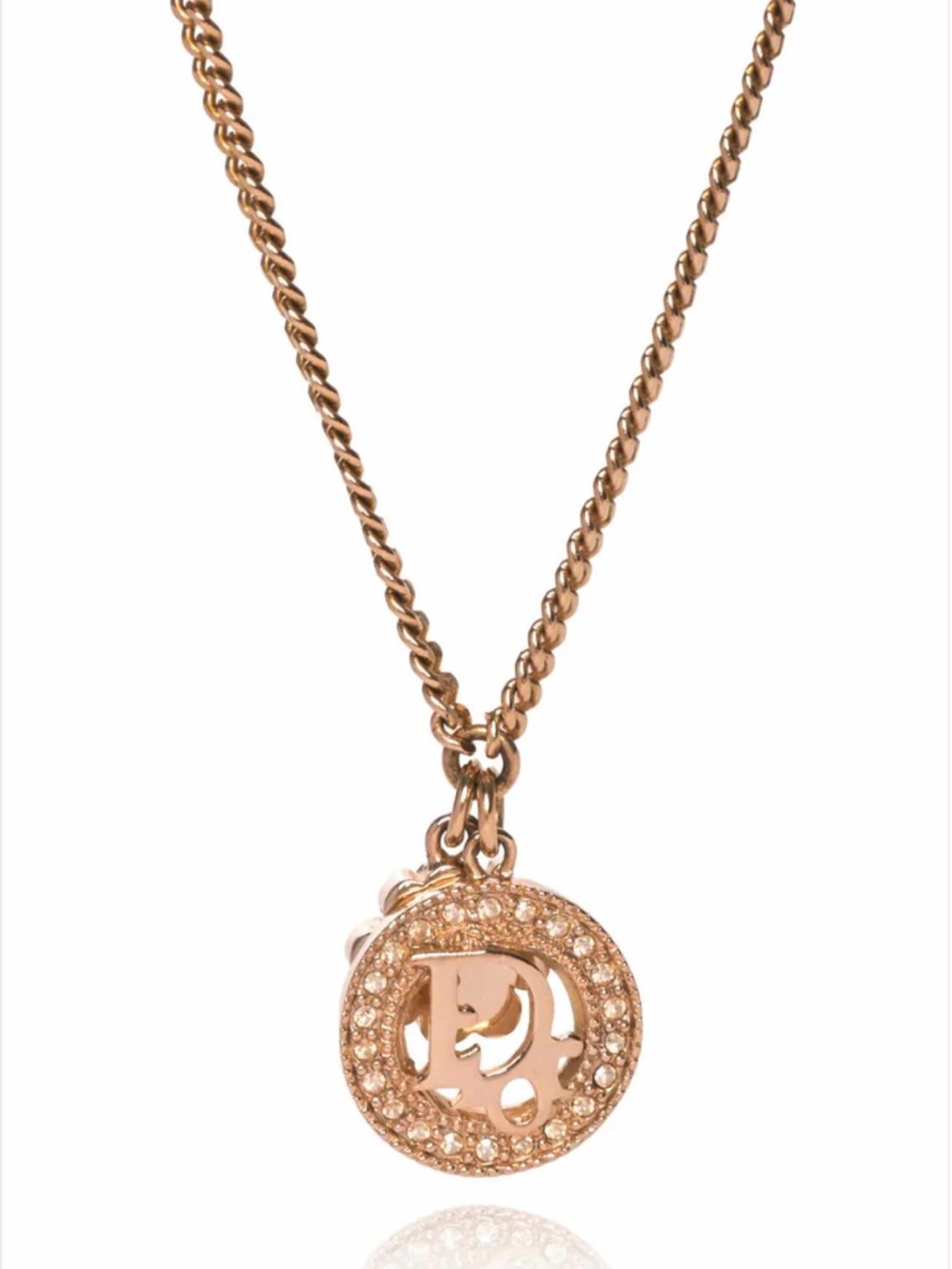 Dior Rose Gold Tone Crystal Logo & Clover Charm Necklace